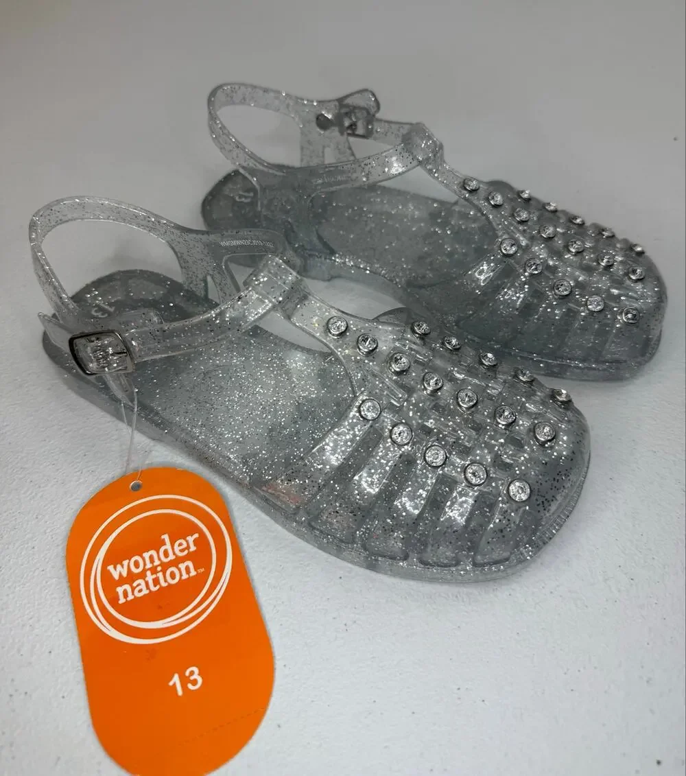 Wonder Nation; Girls Crystal Jelly Sandal, Flat Clear Size 13